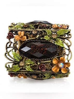 Fairycore Floral Filigree Crystal Cuff Bracelet Green Brown